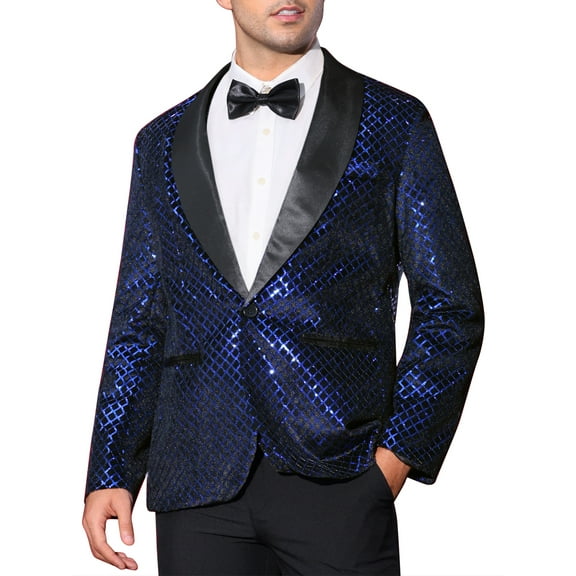 INSPIRE CHIC Men's Blazers Sequin Shiny Metallic Argyle Plaid Suit Jackets  L Blue