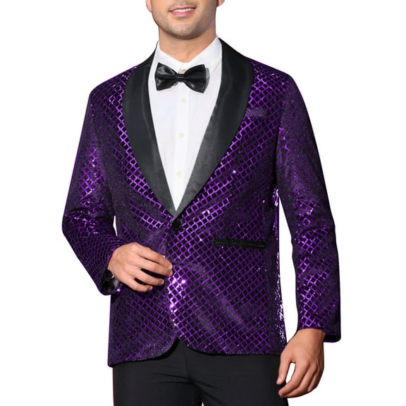 INSPIRE CHIC Men's Blazers Sequin Shiny Metallic Argyle Plaid Suit Jackets  S Purple