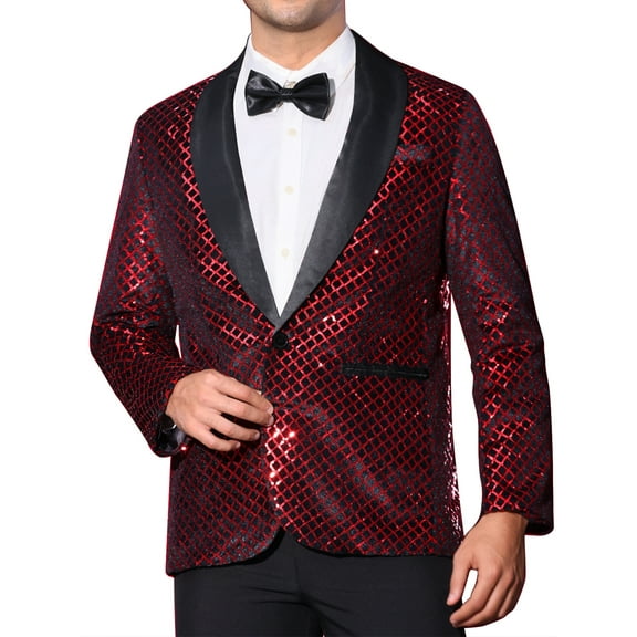 INSPIRE CHIC Men's Blazers Sequin Shiny Metallic Argyle Plaid Suit Jackets  S Red