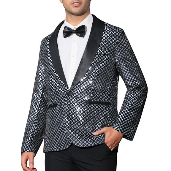 INSPIRE CHIC Men's Blazers Sequin Shiny Metallic Argyle Plaid Suit Jackets  XL Silver