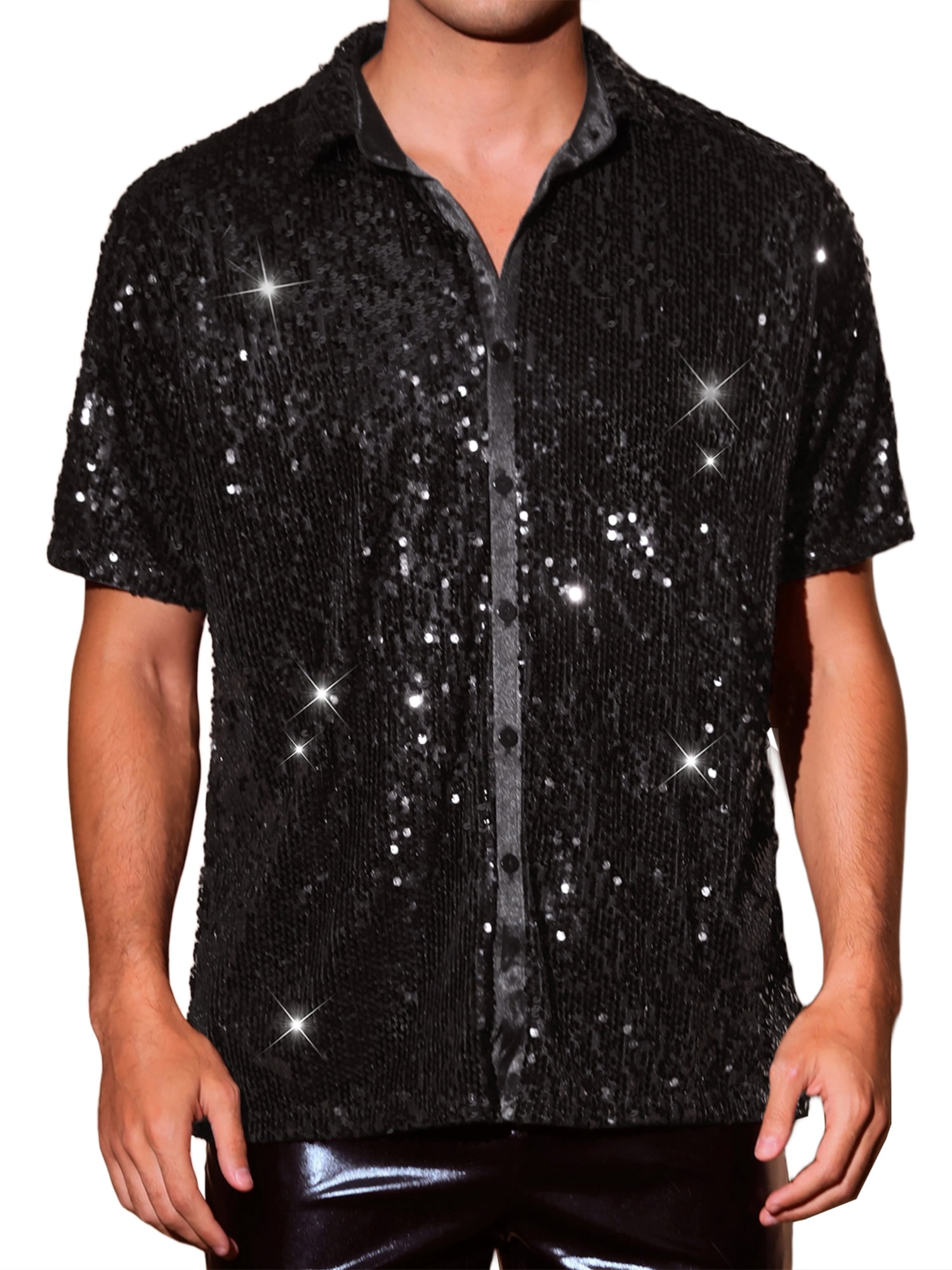 INSPIRE CHIC Men's Short Sleeve Button Down 70s Disco Costume Party Shirts  XL Dark Black - Walmart.com