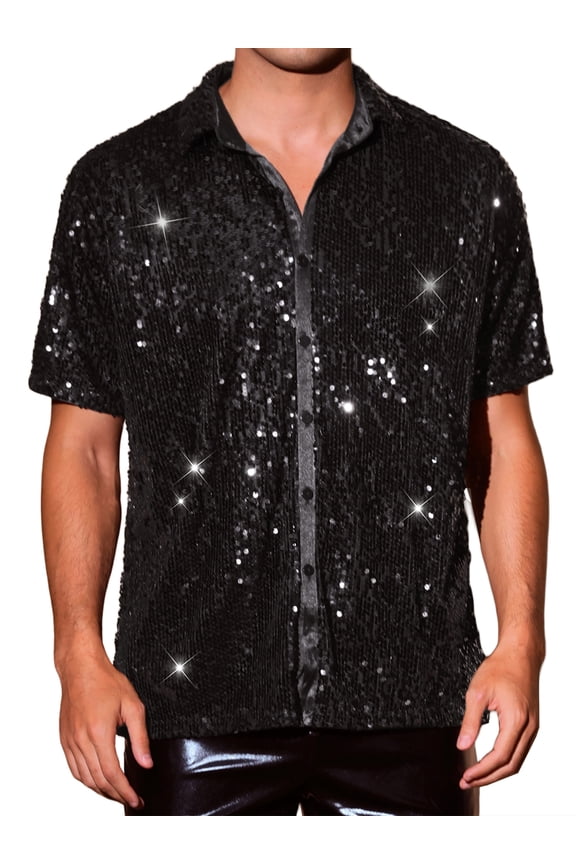 Men's Short Sleeve Button Down 70s Disco Costume Party Shirts XL Dark Black