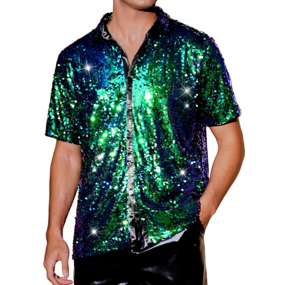 INSPIRE CHIC Sequin Dress Shirt for Men's Short Sleeve Button Down 70s Disco Costume Party Shirts XL Dark Green