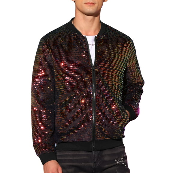 INSPIRE CHIC Men's Jackets Sequin Bomber Sparkle Design Party Zip-Up Jacket M Multicolor