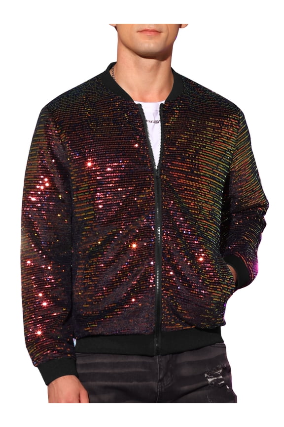 Men's Jackets Sequin Bomber Sparkle Design Party Zip-Up Jacket L Multicolor