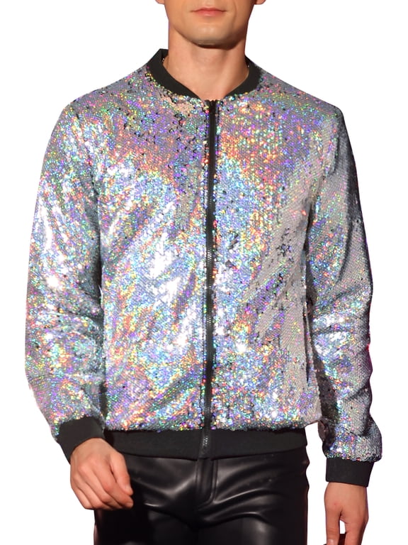 Halloween Men's Sequin Bomber Jacket Full Zip Long Sleeve Party Jacket M Silver