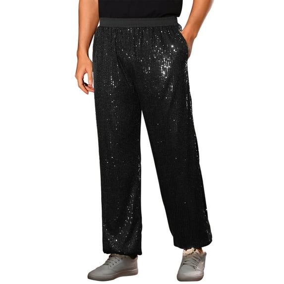 INSPIRE CHIC Sequin Pants for Men's Elastic Waist 70s Disco Costume Shiny Party Trousers 30 Black
