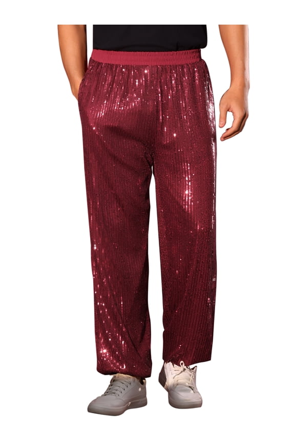 Sequin Pants for Men's Elastic Waist 70s Disco Costume Shiny Party Trousers 32 Red