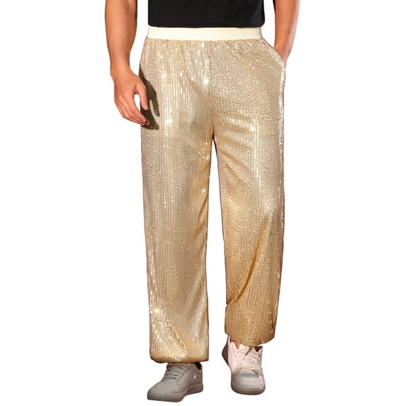 INSPIRE CHIC Sequin Pants for Men's Elastic Waist 70s Disco Costume Shiny Party Trousers 36 Golden