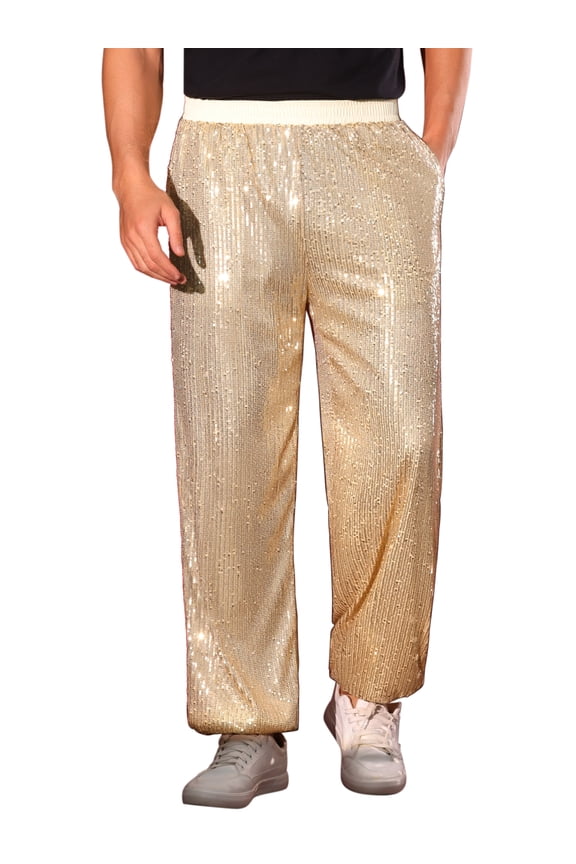 Sequin Pants for Men's Elastic Waist 70s Disco Costume Shiny Party Trousers 36 Golden