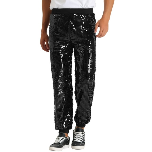 INSPIRE CHIC Sequin Pants for Men's Sparkly Disco Costume Elastic Waist Shiny Metallic Joggers 32 Black
