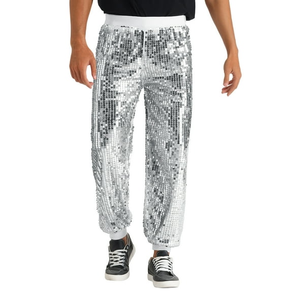 INSPIRE CHIC Sequin Pants for Men's Sparkly Disco Costume Elastic Waist Shiny Metallic Joggers 34 Silver