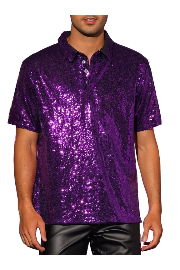 Sequin Polo for Men's Sparkle Short Sleeves Club Party Shiny Golf Shirts 3XL Purple
