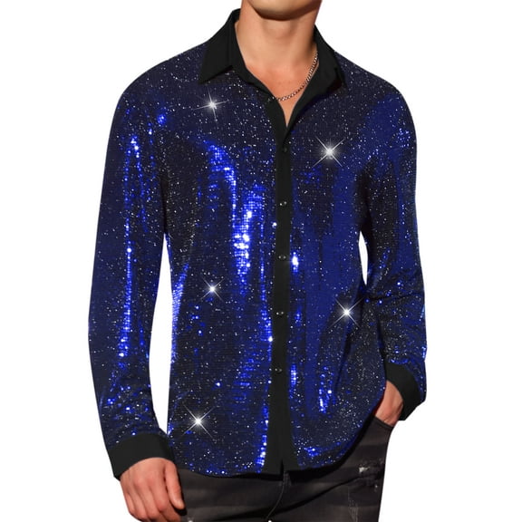 INSPIRE CHIC Men's Shirts Sequin Long Sleeve Button Down Sparkle Metallic Dress Shirts 2XL Blue