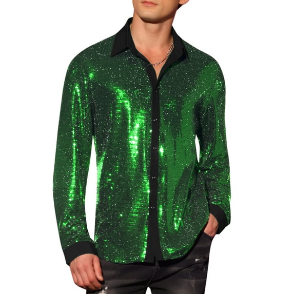 INSPIRE CHIC Men's Shirts Sequin Long Sleeve Button Down Sparkle Metallic Dress Shirts L Green