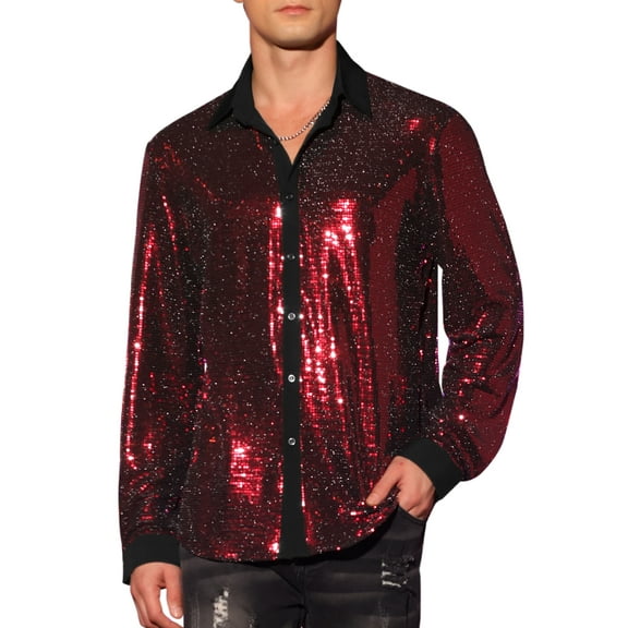 INSPIRE CHIC Men's Shirts Sequin Long Sleeve Button Down Sparkle Metallic Dress Shirts L Red