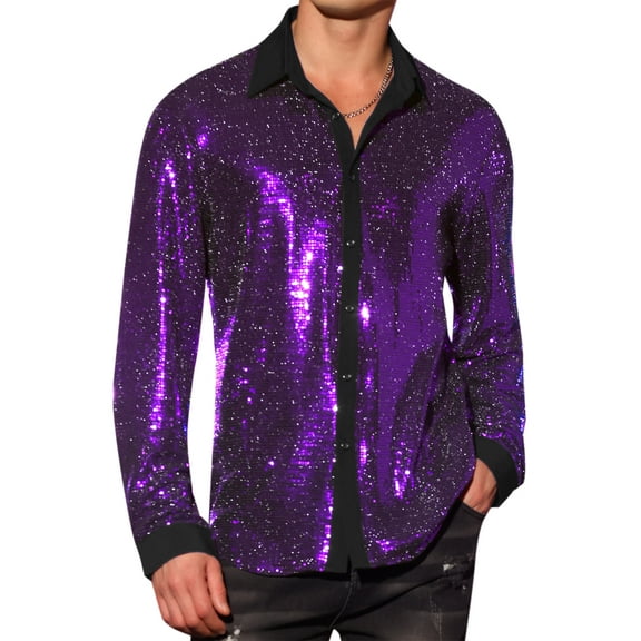 INSPIRE CHIC Men's Shirts Sequin Long Sleeve Button Down Sparkle Metallic Dress Shirts M Purple
