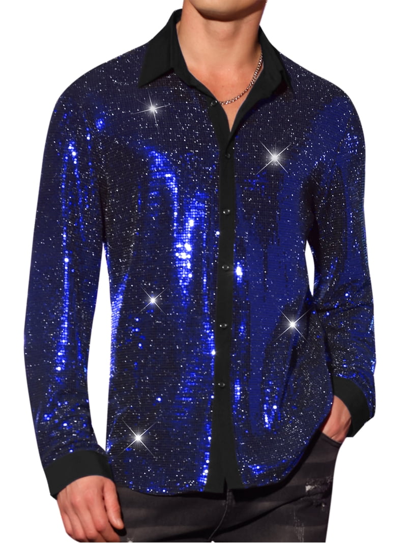 Inspire Chic Men's Shirts Sequin Long Sleeve Button Down Sparkle Metallic Dress Shirts S Blue, Size: Small
