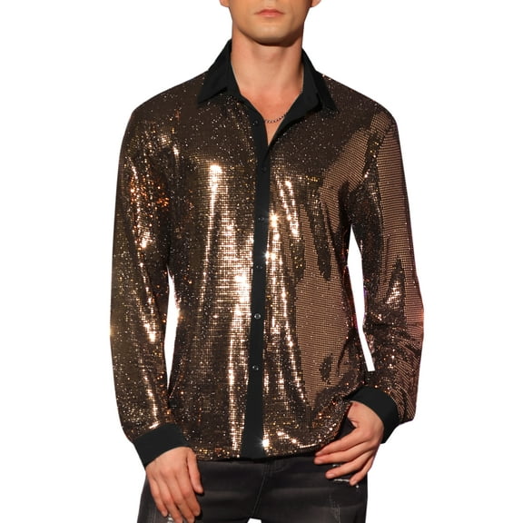 INSPIRE CHIC Men's Shirts Sequin Long Sleeve Button Down Sparkle Metallic Dress Shirts S Champagne