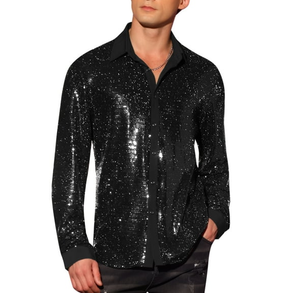 INSPIRE CHIC Men's Shirts Sequin Long Sleeve Button Down Sparkle Metallic Dress Shirts XL Black