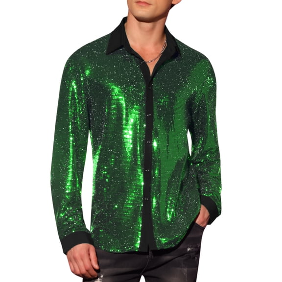 INSPIRE CHIC Halloween Men's Shirts Sequin Long Sleeve Button Down Sparkle Metallic Dress Shirts XL Green