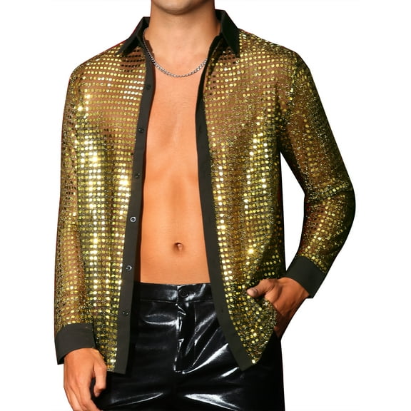 INSPIRE CHIC Sequin Shirts for Men's Button Down See Through Party Disco Metallic Shirts