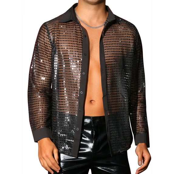INSPIRE CHIC Sequin Shirts for Men's Button Down See Through Party Disco Metallic Shirts