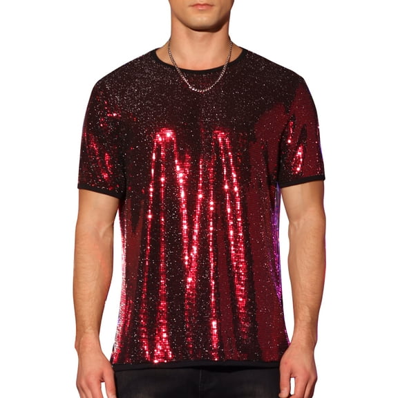 INSPIRE CHIC Men's T-Shirts Sequin Short Sleeve Crew Neck Nightclub Party T-Shirts S Red