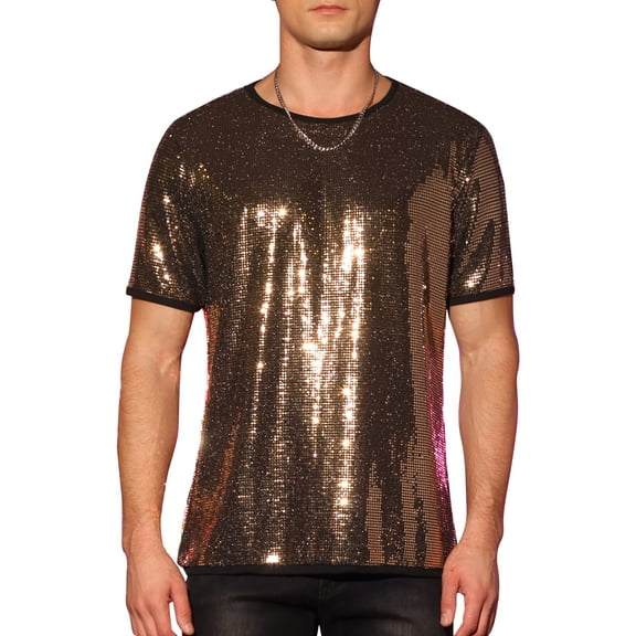 INSPIRE CHIC Men's T-Shirts Sequin Short Sleeve Crew Neck Nightclub Party T-Shirts S Champagne