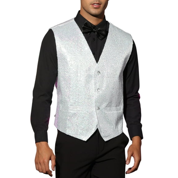 INSPIRE CHIC Sequin Suit Vest for Men's V-Neck Sleeveless Disco Sparkly Waistcoat M White