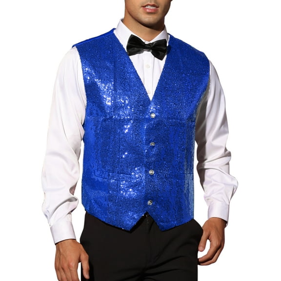 INSPIRE CHIC Sequin Suit Vest for Men's V-Neck Sleeveless Disco Sparkly Waistcoat M Blue