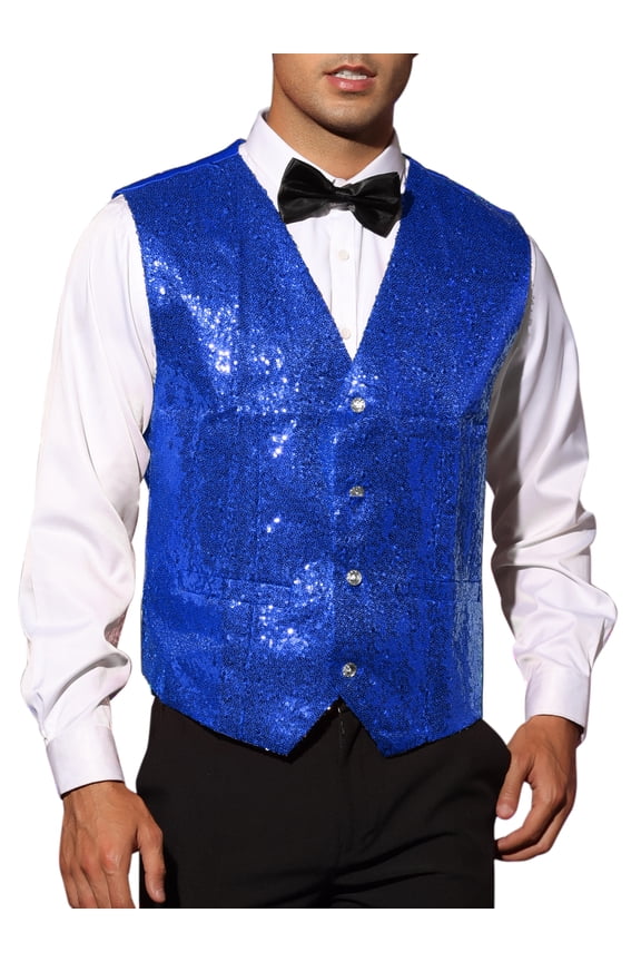 Sequin Suit Vest for Men's V-Neck Sleeveless Disco Sparkly Waistcoat S Blue