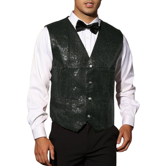INSPIRE CHIC Sequin Suit Vest for Men's V-Neck Sleeveless Disco Sparkly Waistcoat S Black