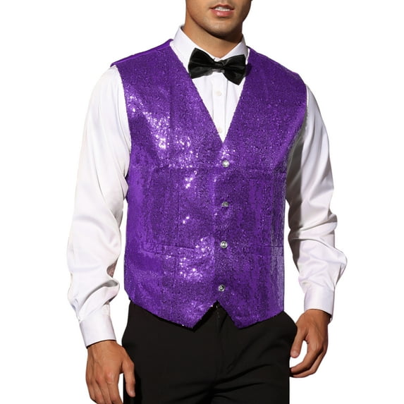 INSPIRE CHIC Sequin Suit Vest for Men's V-Neck Sleeveless Disco Sparkly Waistcoat S Purple