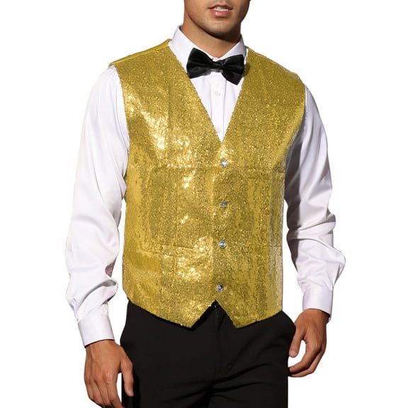 INSPIRE CHIC Sequin Suit Vest for Men's V-Neck Sleeveless Disco Sparkly Waistcoat S Yellow