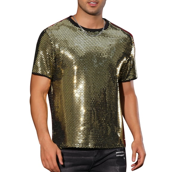 INSPIRE CHIC Sequin T Shirt for Men's Party Short Sleeve Metallic Tops Club Trendy Glitter T-Shirts
