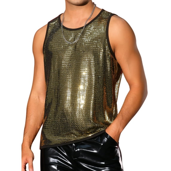 INSPIRE CHIC Men's Tops Sequin Crew Neck Sleeveless Metallic Tank Top 2XL Light Golden