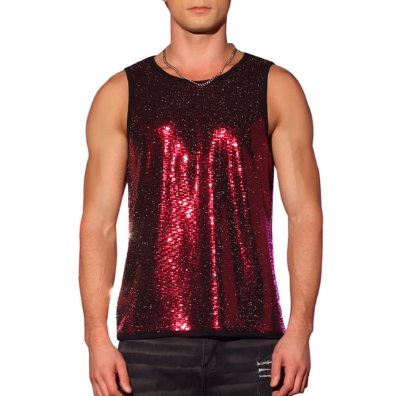 INSPIRE CHIC Men's Tops Sequin Crew Neck Sleeveless Metallic Tank Top 2XL Red