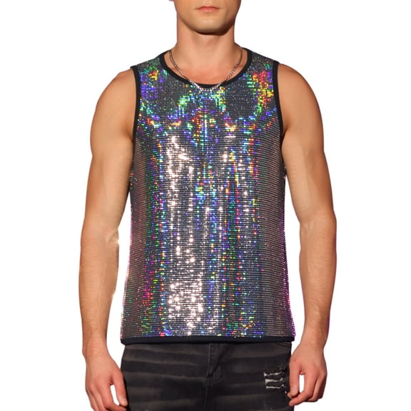INSPIRE CHIC Men's Tops Sequin Crew Neck Sleeveless Metallic Tank Top M Silver