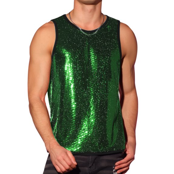 INSPIRE CHIC Men's Tops Sequin Crew Neck Sleeveless Metallic Tank Top S Green