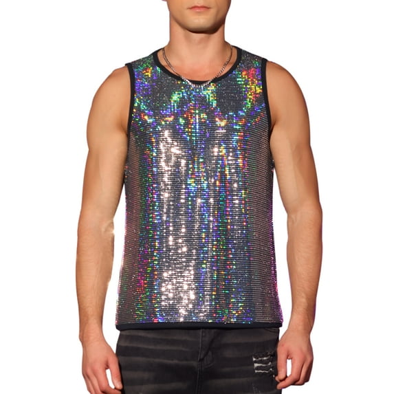 INSPIRE CHIC Men's Tops Sequin Crew Neck Sleeveless Metallic Tank Top S Silver