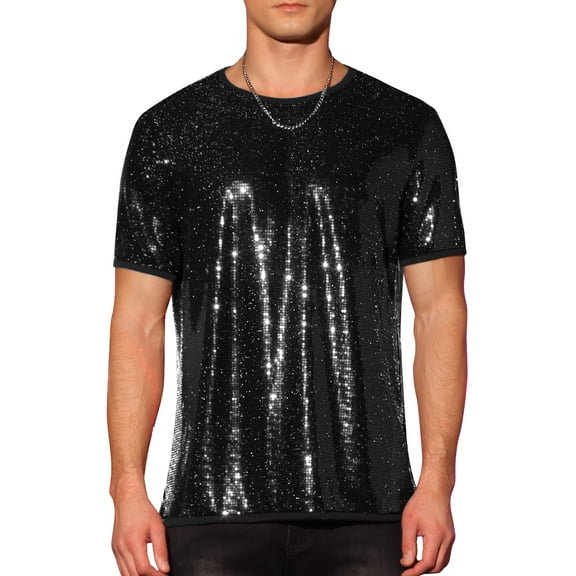 INSPIRE CHIC Men's T-Shirts Sequin Short Sleeve Crew Neck Nightclub Party T-Shirts S Black