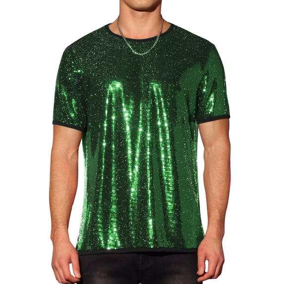 INSPIRE CHIC Men's T-Shirts Sequin Short Sleeve Crew Neck Nightclub Party T-Shirts S Green