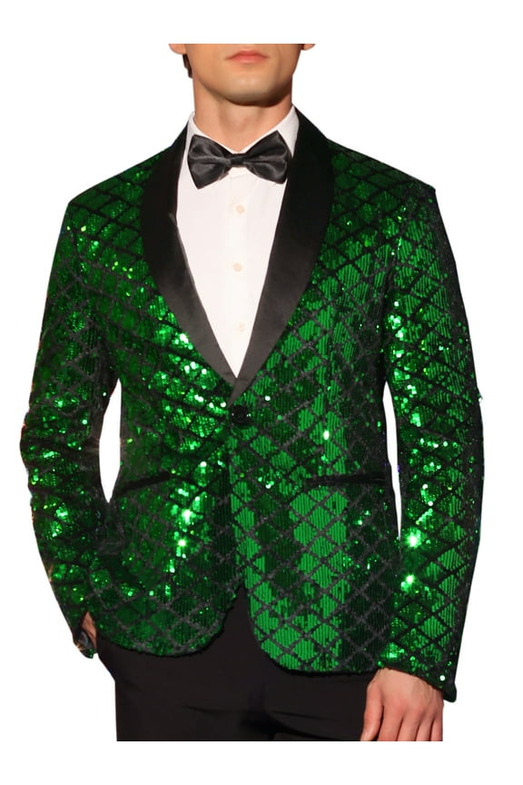 Sequin Tuxedo for Men's Argyle Pattern Peak Lapel Prom Shiny Blazer M Green