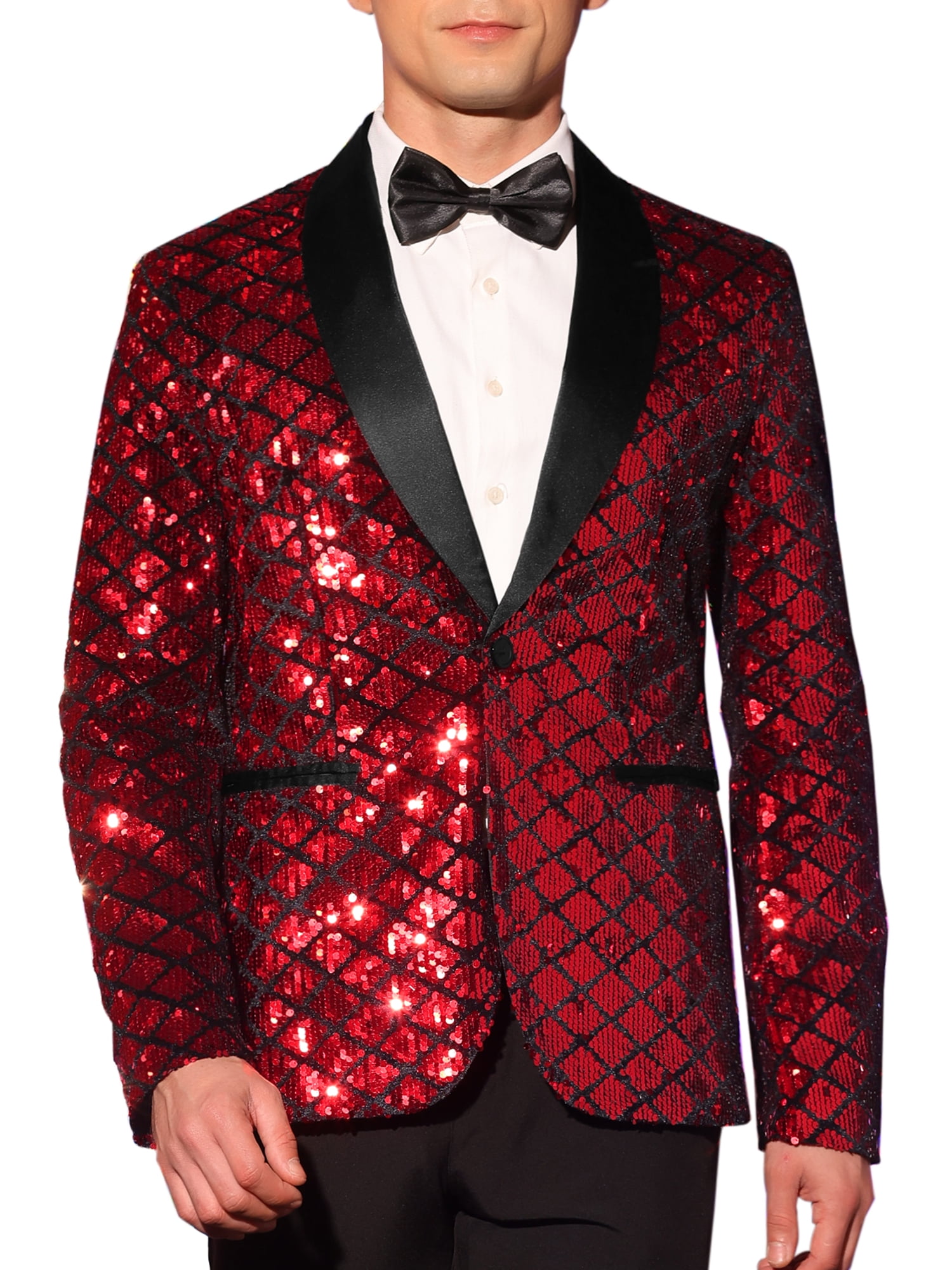 Lars Amadeus Sequin Tuxedo for Men's Argyle Pattern Peak Lapel Prom