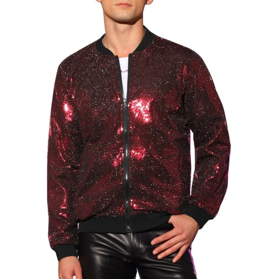Lars Amadeus Sequin Varsity Jacket for Men's Zip Up Long Sleeves Party Sparkle Jacket