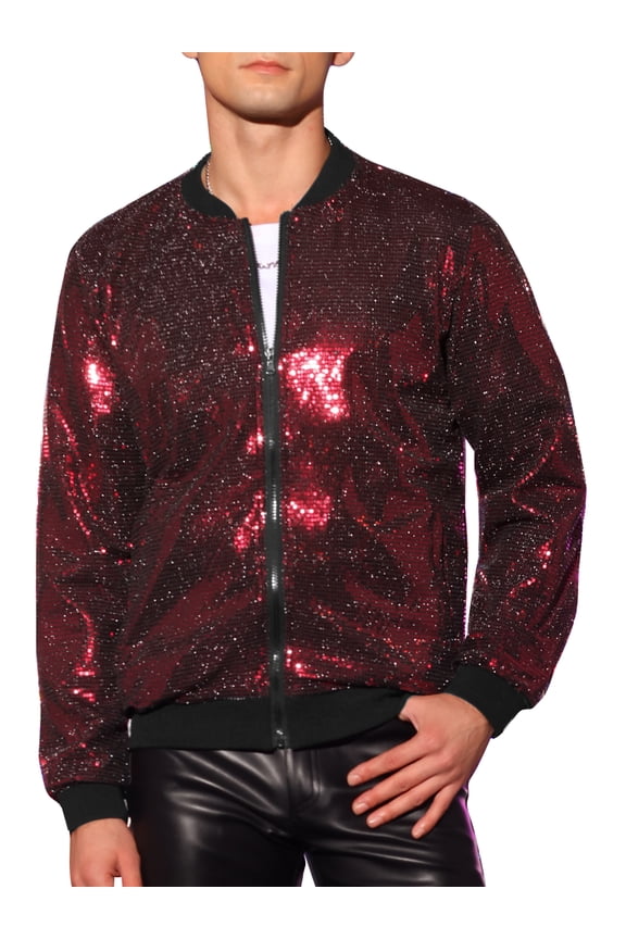Sequin Varsity Jacket for Men's Zip Up Long Sleeves Party Sparkle Jacket