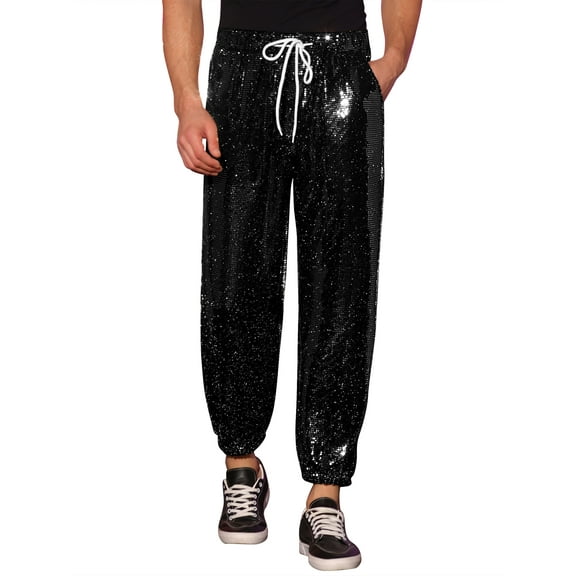 INSPIRE CHIC Sequins Drawstring Pants for Men's Elastic Waist Nightwear Club Shiny Jogger 34 Black