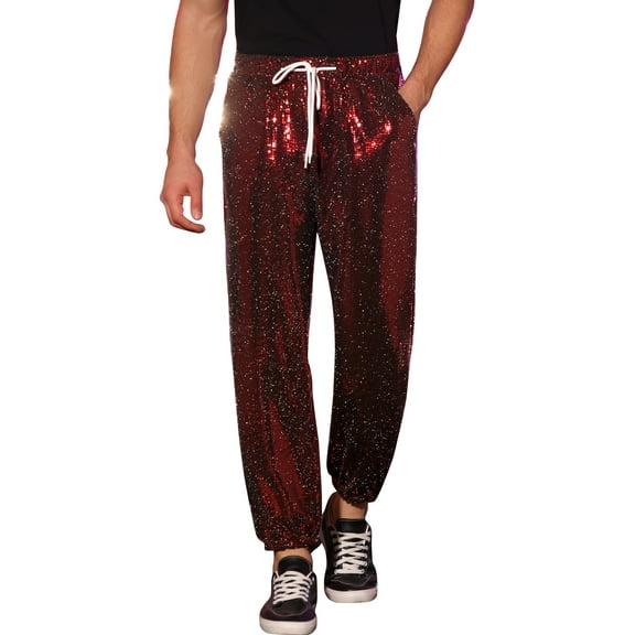 INSPIRE CHIC Sequins Drawstring Pants for Men's Elastic Waist Nightwear Club Shiny Jogger 28 Red