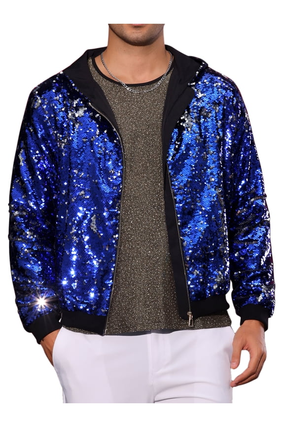 Sequins Jacket for Men's Long Sleeves Zip Up Flip-Sequin Sparkle Metallic Hoodie Jackets M Blue